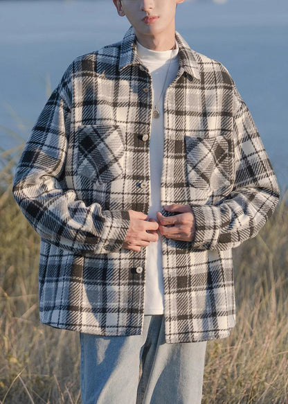 Chemises à boutons avec poches pour hommes, manteaux à carreaux, printemps chic, laine noire