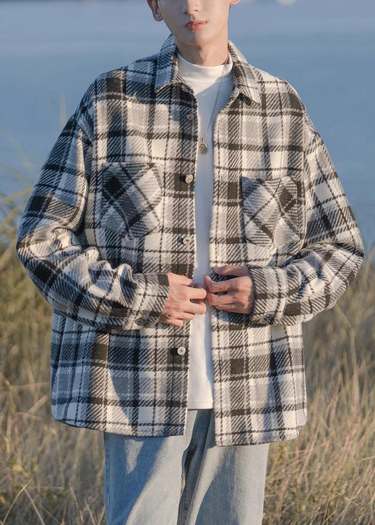 Chemises à boutons avec poches pour hommes, manteaux à carreaux, printemps chic, laine noire
