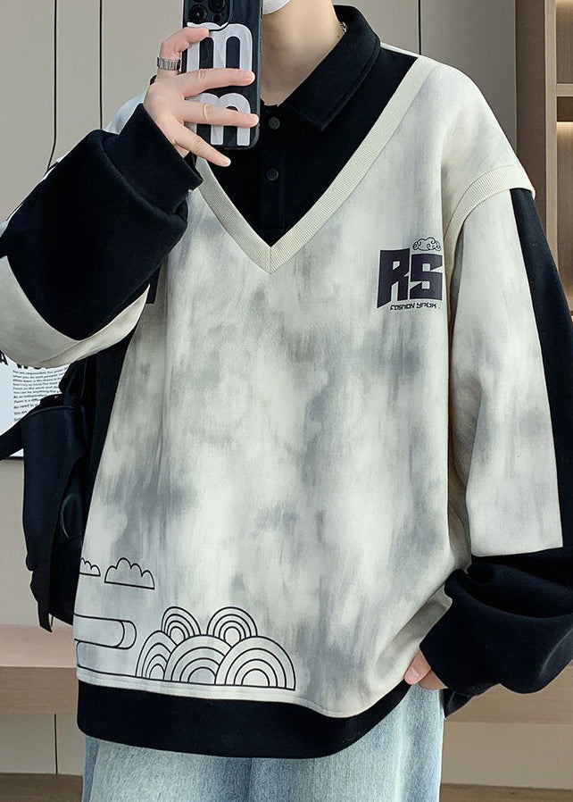 Sweat-shirt homme noir à boutons en coton, imprimé patchwork, chic et printanier