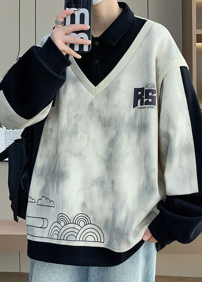 Sweat-shirt homme noir à boutons en coton, imprimé patchwork, chic et printanier