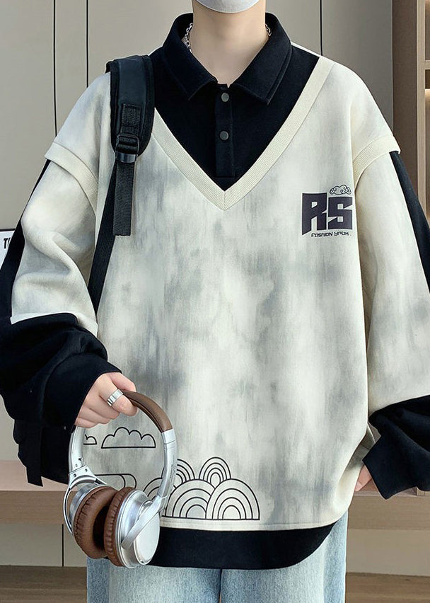 Sweat-shirt homme noir à boutons en coton, imprimé patchwork, chic et printanier