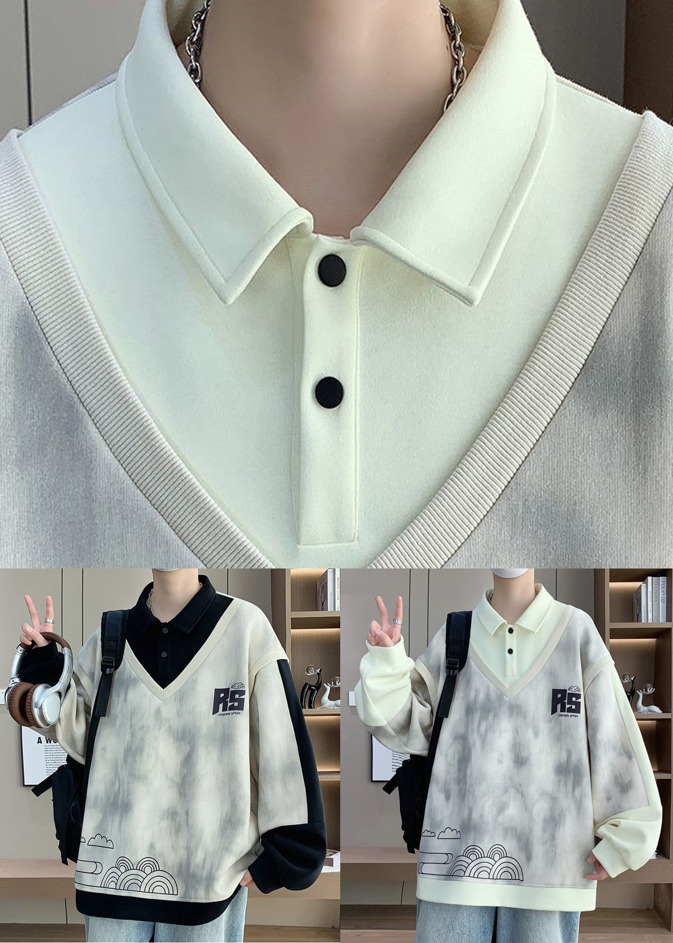 Sweat-shirt homme noir à boutons en coton, imprimé patchwork, chic et printanier