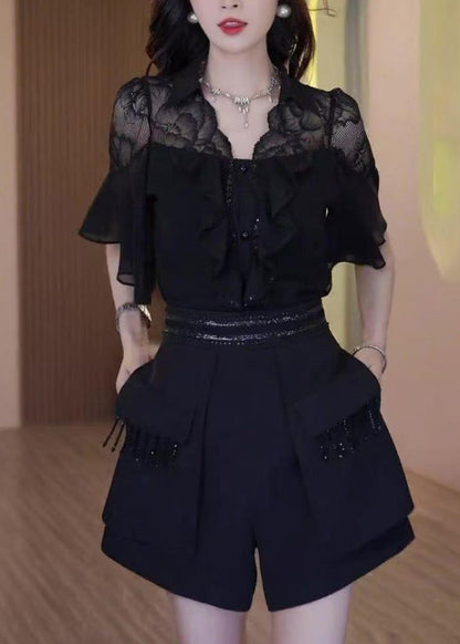 Outfits Patchwork Sommer Schwarz Zwei Stück Chic Set Rüschen Spitze