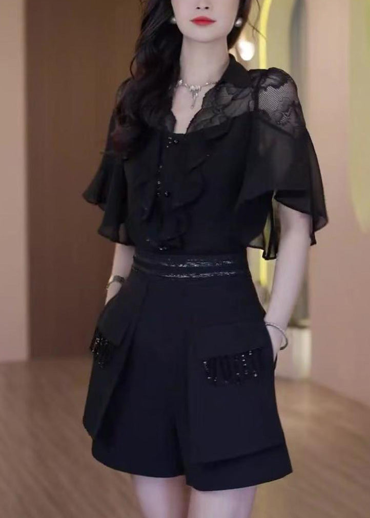 Outfits Patchwork Sommer Schwarz Zwei Stück Chic Set Rüschen Spitze