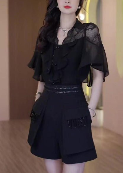 Outfits Patchwork Sommer Schwarz Zwei Stück Chic Set Rüschen Spitze