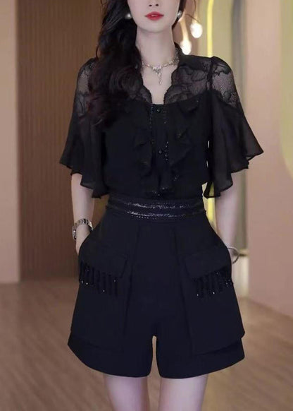 Outfits Patchwork Sommer Schwarz Zwei Stück Chic Set Rüschen Spitze