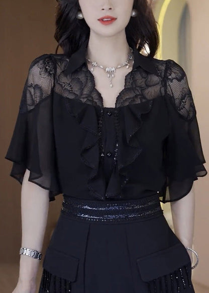 Outfits Patchwork Sommer Schwarz Zwei Stück Chic Set Rüschen Spitze