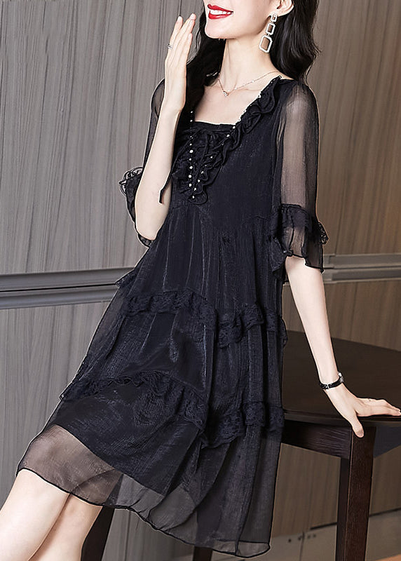 Schickes schwarzes Chiffon-Patchwork-Kleid mit Rüschen