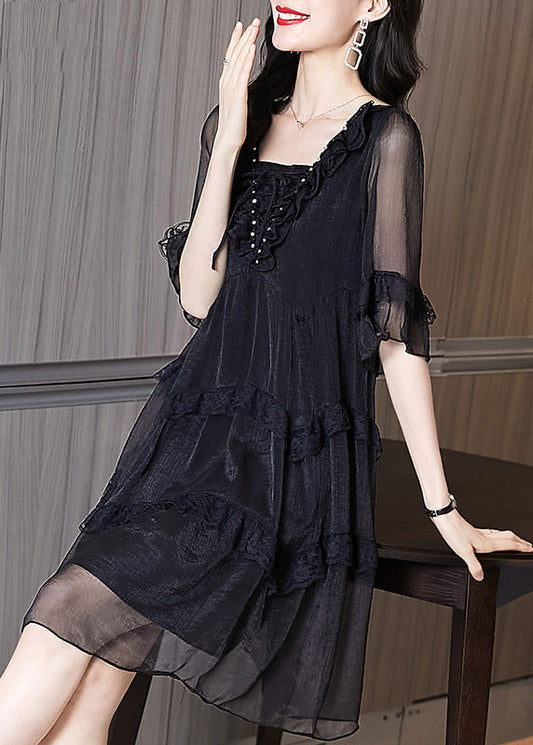 Schickes schwarzes Chiffon-Patchwork-Kleid mit Rüschen