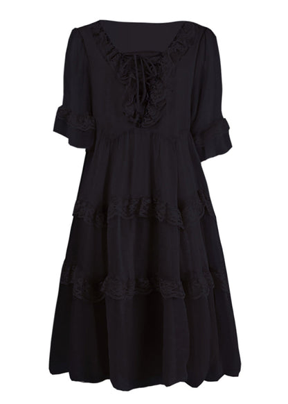 Schickes schwarzes Chiffon-Patchwork-Kleid mit Rüschen
