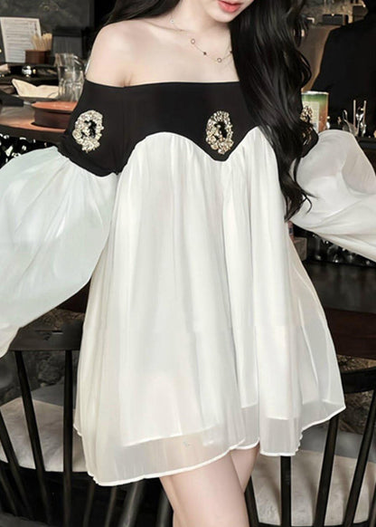 Laterne Chic Kleid Chiffon Patchwork Hals Mitte Schwarz Slash Ärmel