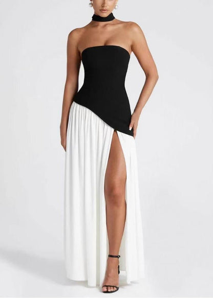 Robe de soirée chic en mousseline de soie noire et blanche à patchwork ouvert sur le côté