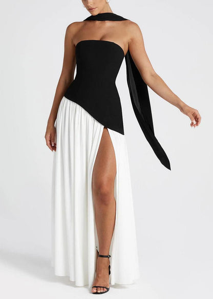 Robe de soirée chic en mousseline de soie noire et blanche à patchwork ouvert sur le côté