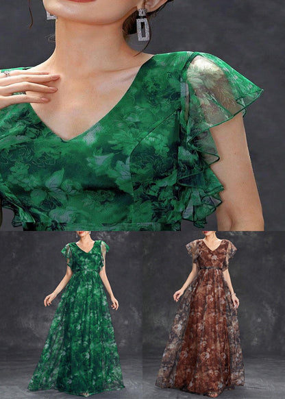 Robe longue tunique chic à volants en tulle noirâtre patchwork vert