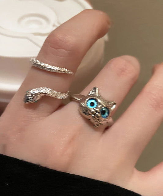 Chic Blue Alloy Glass Little Cats And Snake Rings Two Pieces Set ZZ069