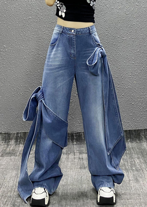 Chic Blue Bow Pockets High Waist Denim Pants Summer AW1010