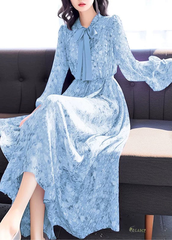 Chic Blue Bow Print High Waist Chiffon Long Dress Fall QR043