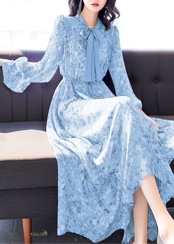 Chic Blue Bow Print High Waist Chiffon Long Dress Fall QR043