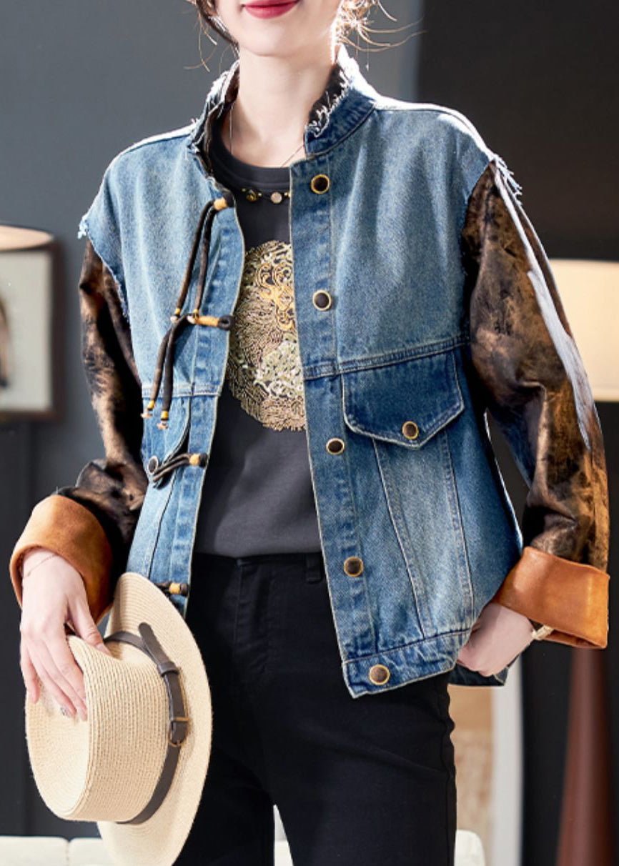 Chic Blue Button Print Patchwork Denim Coat Spring QA1008 Ada Fashion