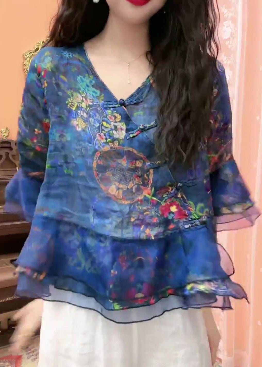 Chic Blue Button Print Tulle Patchwork Blouses Flare Sleeve GH1052