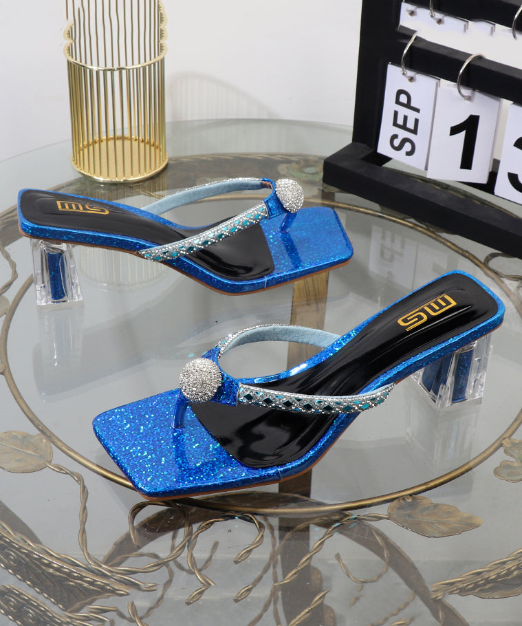 Schicke blaue Flip-Flops mit klobigem Absatz, blaues Kunstleder, Zirkonia, XC1002