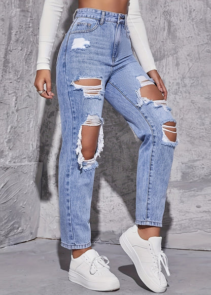 Pantalon court bleu chic en denim avec poches à la taille et trous pour l'été