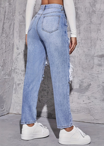 Pantalon court bleu chic en denim avec poches à la taille et trous pour l'été