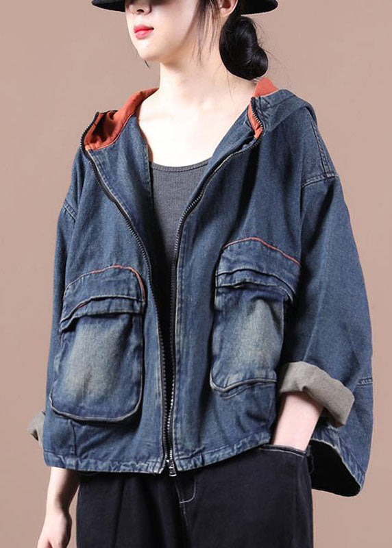 Chic Blue Hooded Pockets zippered Fall Denim Coat Long sleeve QS059