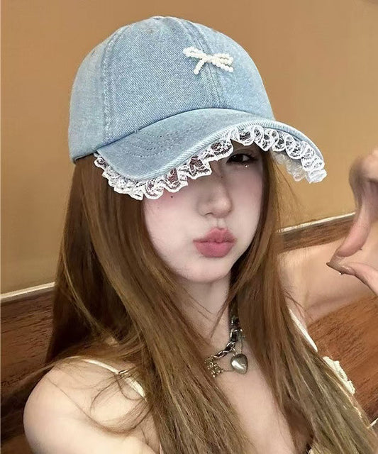 Chic Lace Bow Denim Bead Baseball Blue Patchwork Hat Cap
