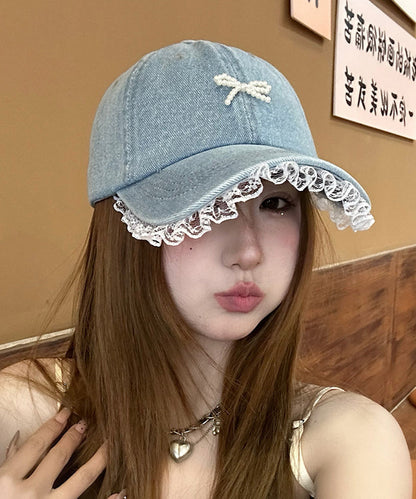 Chic Lace Bow Denim Bead Baseball Blue Patchwork Hat Cap