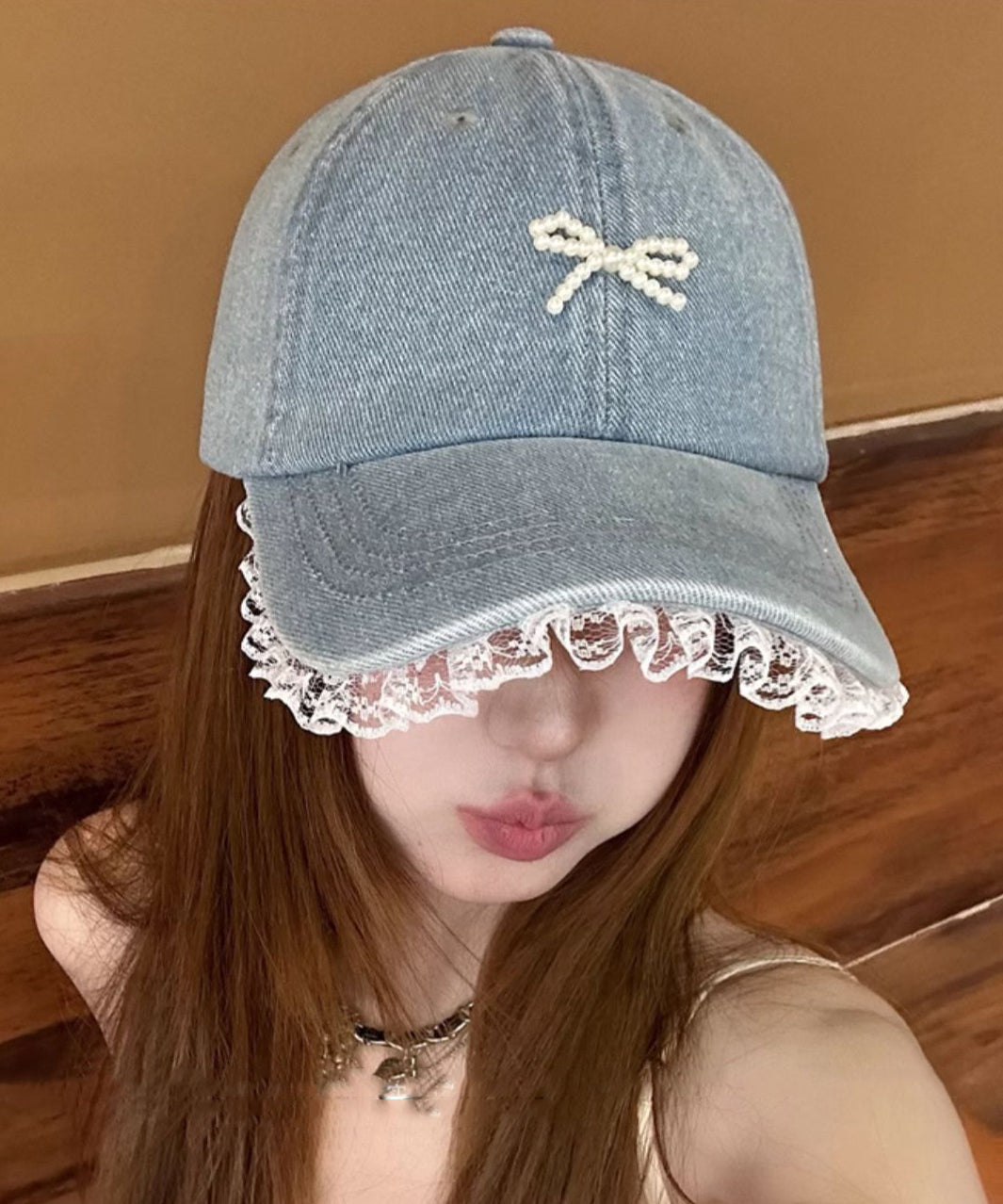 Chic Lace Bow Denim Bead Baseball Blue Patchwork Hat Cap