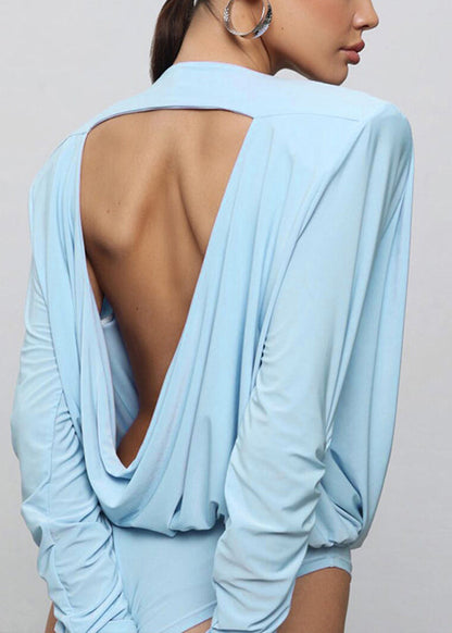 Schicker Bodysuit Blau Herbst Rückenfrei O-Ausschnitt