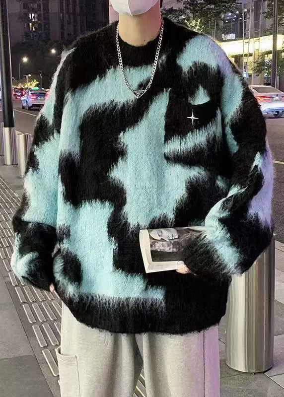 Chic Blau O Neck Patchwork Strick Herren Pullover Winter RC030