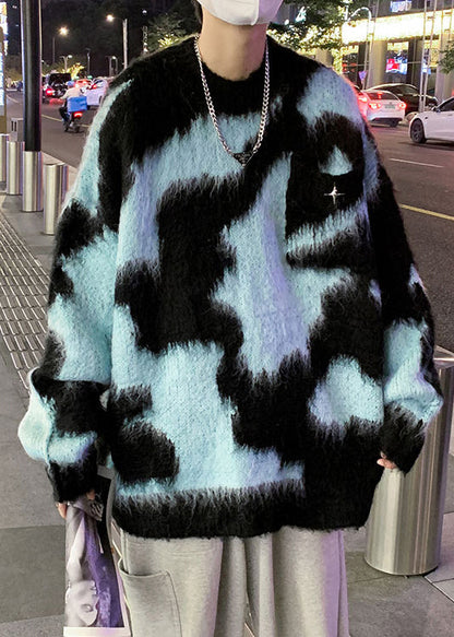 Chic Blau O Neck Patchwork Strick Herren Pullover Winter RC030