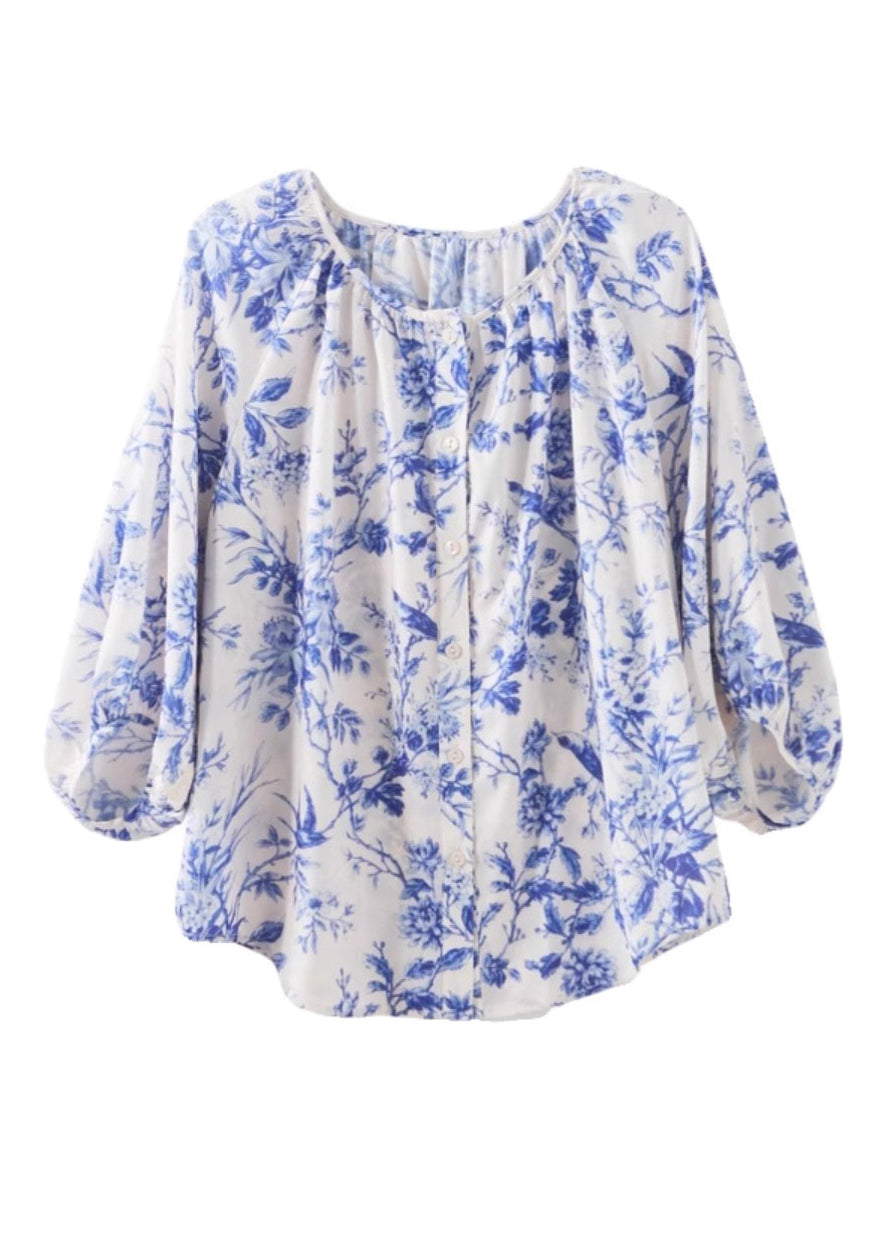 Chic Blue O-Neck Print Chiffon Top Summer WW009