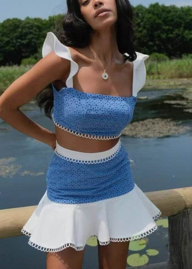 Stück Zwei Schmetterlingsärmel Chic Baumwolle Set Blau Patchwork Outfits