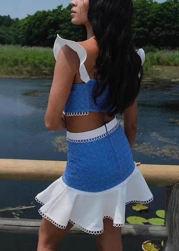 Stück Zwei Schmetterlingsärmel Chic Baumwolle Set Blau Patchwork Outfits