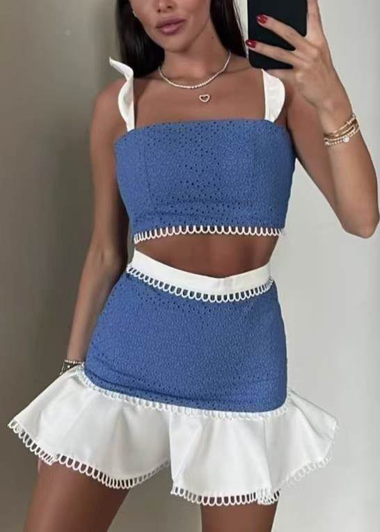 Stück Zwei Schmetterlingsärmel Chic Baumwolle Set Blau Patchwork Outfits