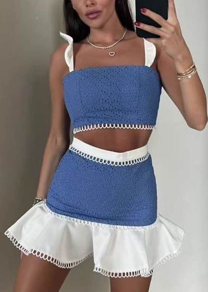 Stück Zwei Schmetterlingsärmel Chic Baumwolle Set Blau Patchwork Outfits