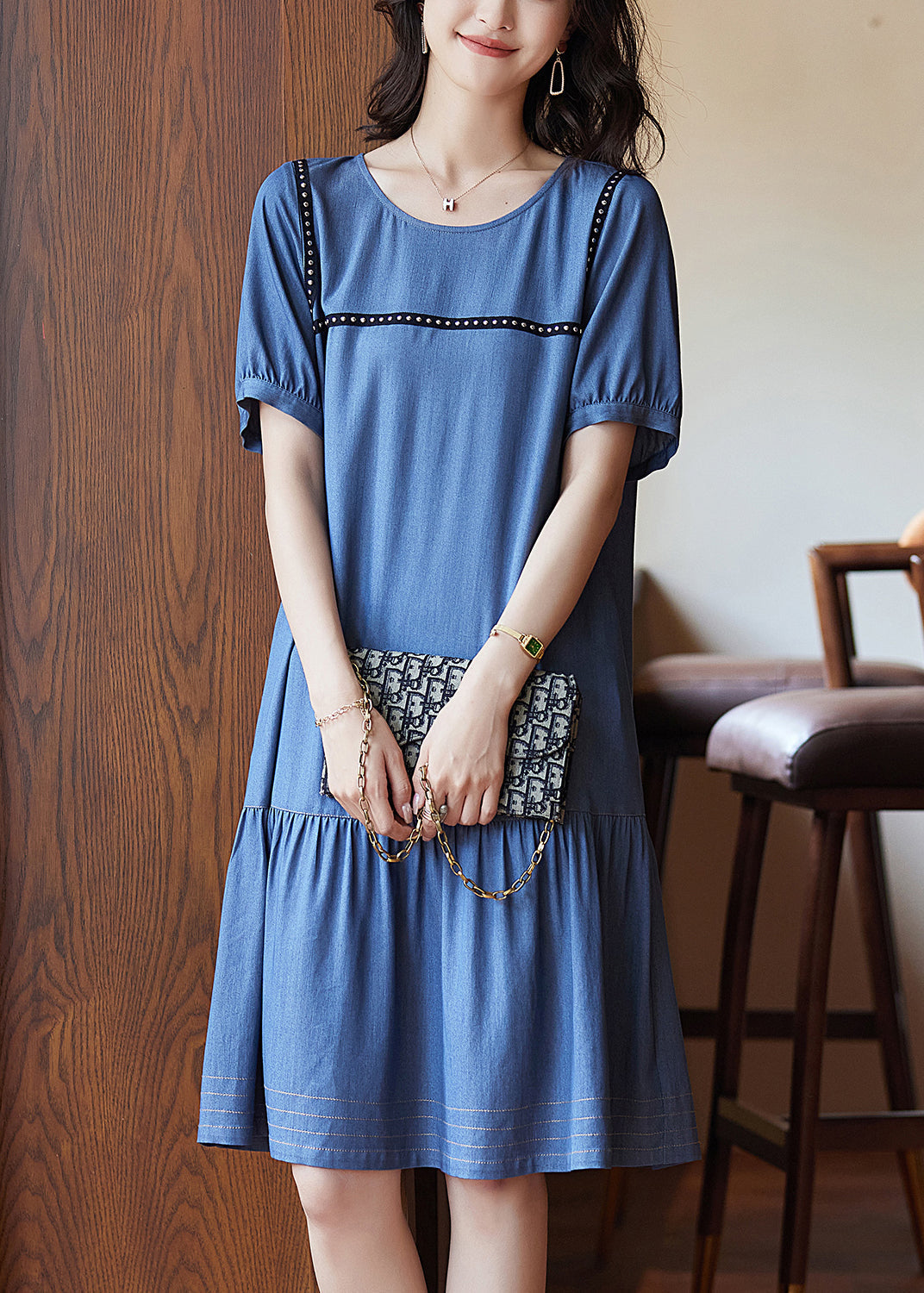 Chic Blue Patchwork Rivet Holiday Long Dress Summer WW050