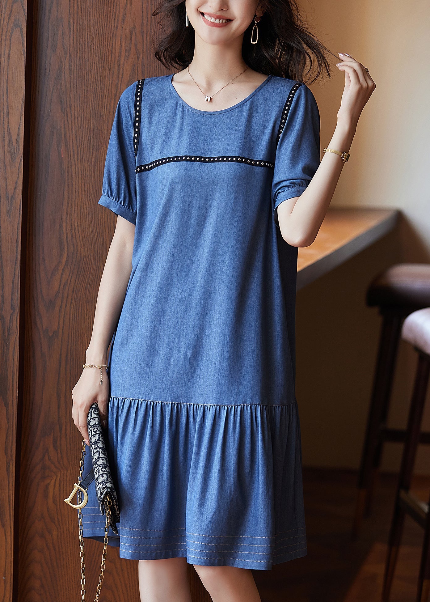 Chic Blue Patchwork Rivet Holiday Long Dress Summer WW050