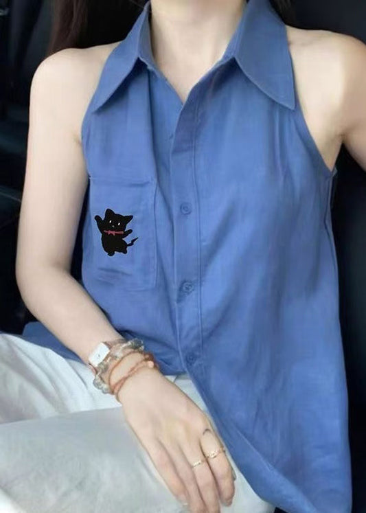 Shirt Pan Peter Chic Cotton Button Tops Sleeveless Blue Collar