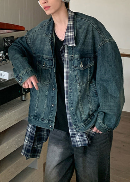 Blue Patchwork Plaid Coats Pockets Denim Mens Chic Spring