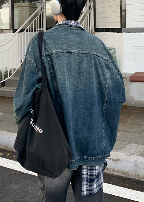 Blue Patchwork Plaid Coats Pockets Denim Mens Chic Spring