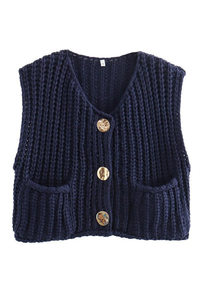 Gilet en tricot boutonné à poches bleu chic sans manches QY012