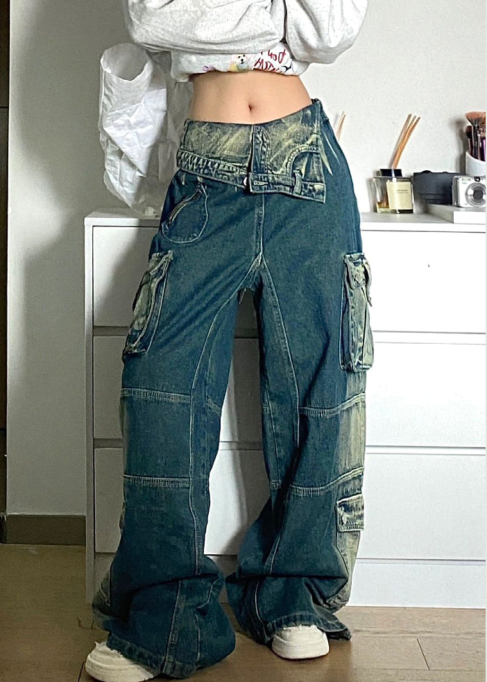 Chic Blue Pockets Patchwork Denim Fall Pants High Waist QF046