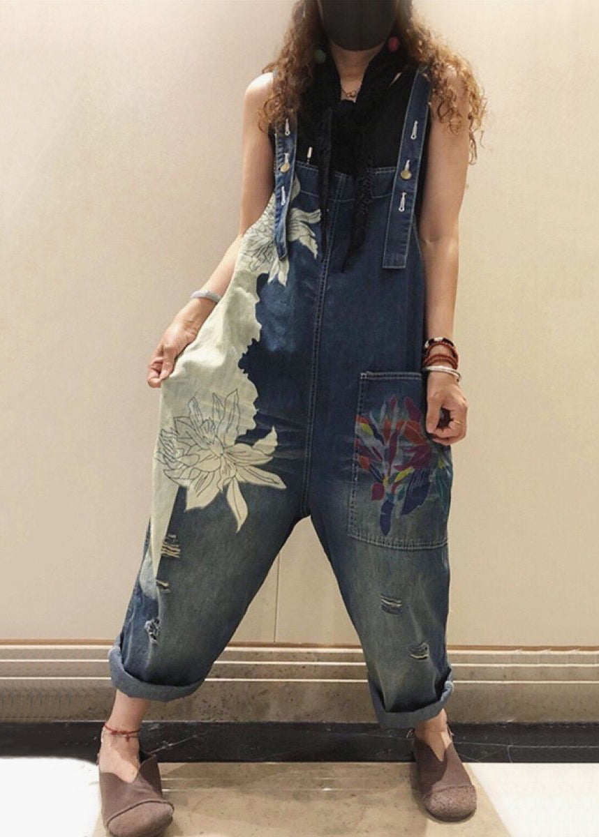 Schicker ärmelloser Denim-Overall mit blauem Aufdruck und Taschen und hoher Taille MN076