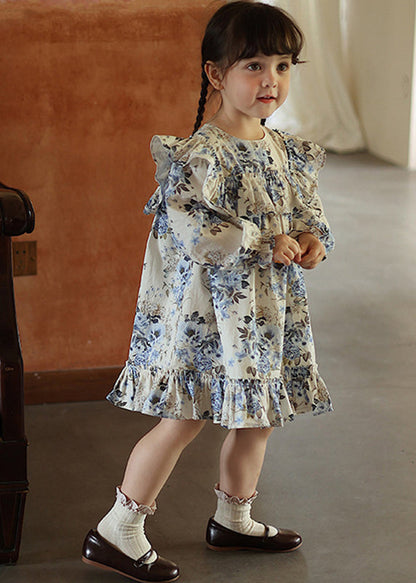 Robe longue de vacances chic à volants bleus pour enfants en patchwork automne SS1045