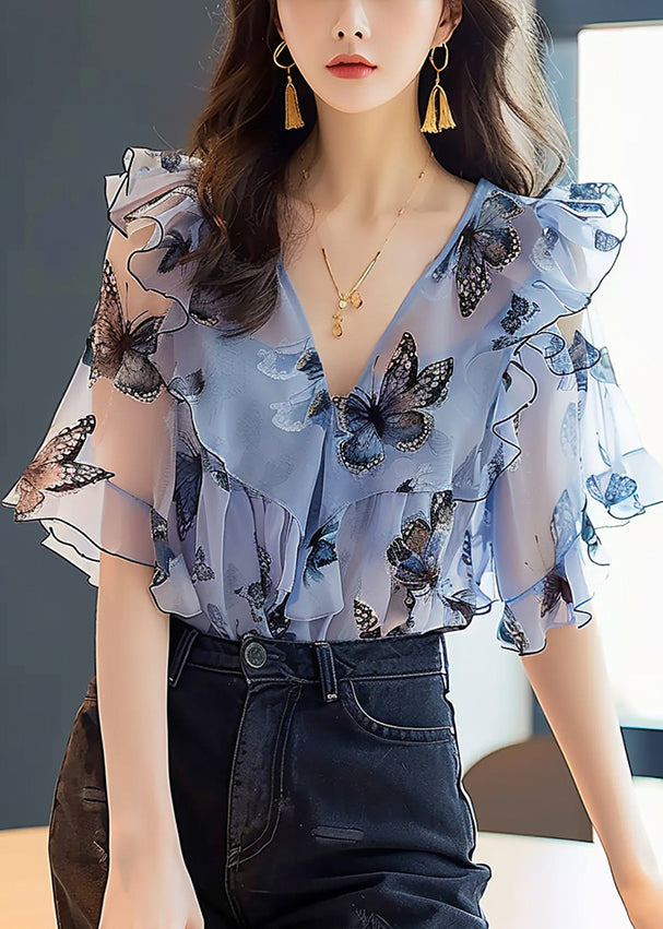 Chic Blue Ruffled Print Chiffon Shirts Half Sleeve KJ002