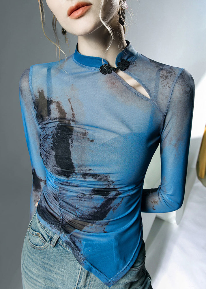 Chic Blue Stand Collar Asymmetrical Print Tulle Tops Fall AL1071